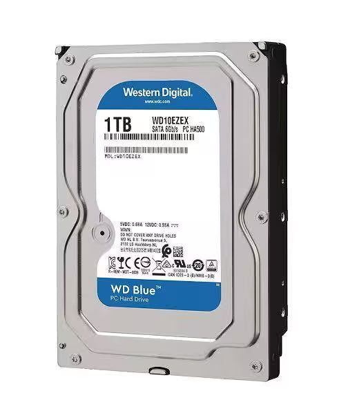 Western Digital 1TB WD10EZEX Blue PC internal hard drive on a plain white background.