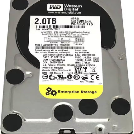 A Western Digital 2.0TB enterprise-level SATA hard drive with a silver metal casing, black circular mounting holes, and a white label featuring a yellow Enterprise Storage sticker.