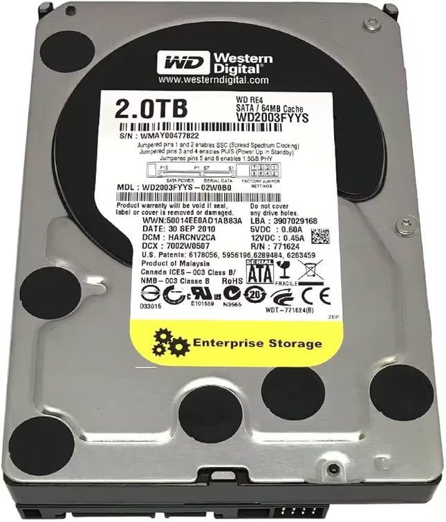 A Western Digital 2.0TB enterprise-level SATA hard drive with a silver metal casing, black circular mounting holes, and a white label featuring a yellow Enterprise Storage sticker.