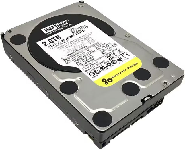 A Western Digital 2.0TB Enterprise storage hard drive, showing the top metal casing with a white and yellow label, photographed on a white background.