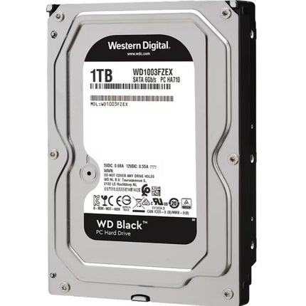 Angled front view of a Western Digital Black 1TB 3.5-inch internal hard disk drive (HDD) with a silver metal enclosure and product label against a white background.