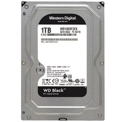 Front view of a Western Digital Black 1TB 3.5-inch internal hard disk drive (HDD) with a silver metal casing, product label, and mounting screws visible against a white background.