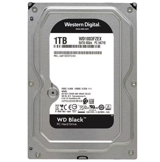 Front view of a Western Digital Black 1TB 3.5-inch internal hard disk drive (HDD) with a silver metal casing, product label, and mounting screws visible against a white background.