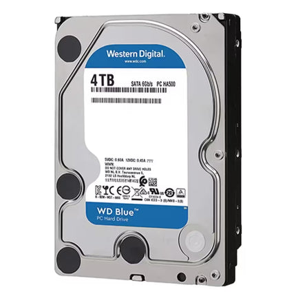 Western Digital 4TB hard drive in a silver and black HDD shell with a blue and white label, shown on a plain white background.