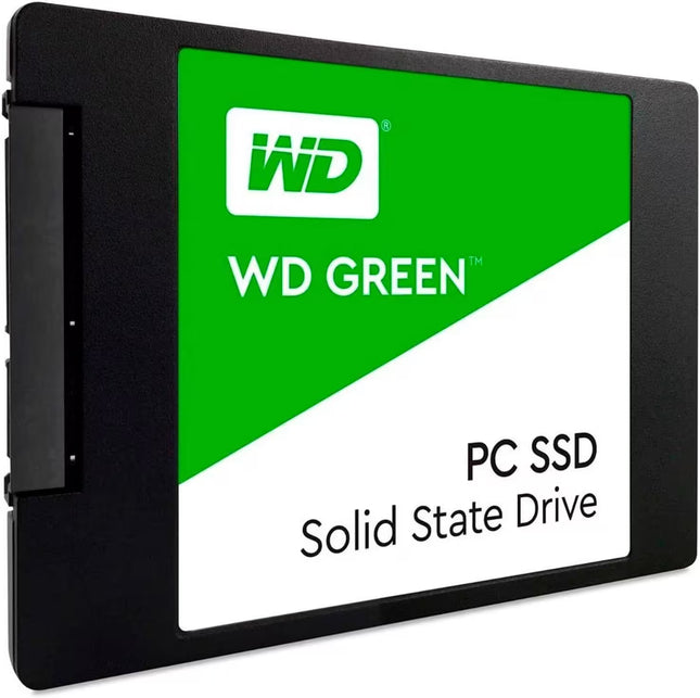 Western Digital Green SSD with green and white label on a black background