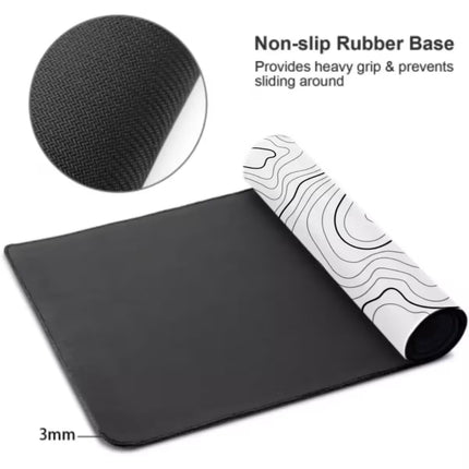 Black non-slip rubber gaming mouse pad with a rolled corner showing a white patterned underside, featuring a circular inset of the textured black rubber surface and text highlighting the 3mm thickness and non-slip base.