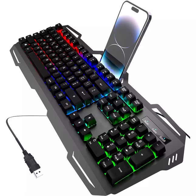Gaming keyboard with RGB lighting and a smartphone on a white background
