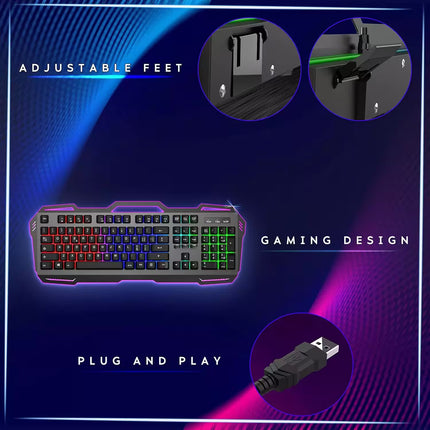 Gaming keyboard with adjustable feet, RGB lighting, and plug-and-play feature on a blue and purple gradient background.