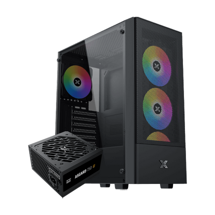 Computer case with RGB fans and a power supply unit on a white background