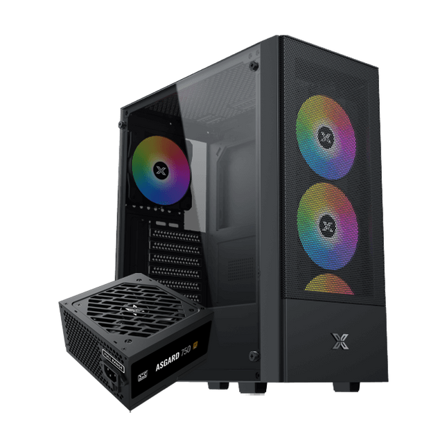 Computer case with RGB fans and a power supply unit on a white background