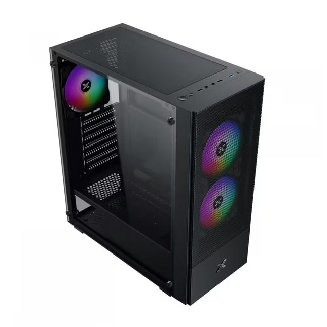 Black computer case with RGB lighting on a white background