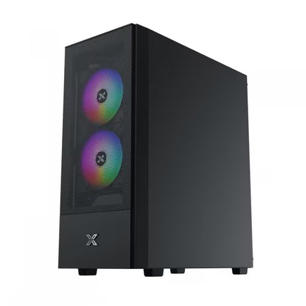 Black computer case with RGB fans on a white background