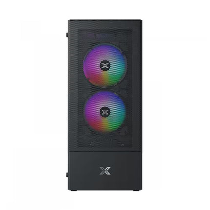 Black computer case with RGB fans on a white background