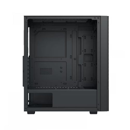 Black computer case with open side panel on a white background