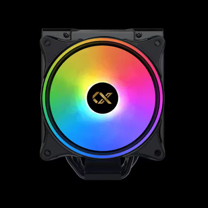 A black computer CPU cooler heatsink with a large RGB LED fan, featuring a rainbow gradient light on the fan blade and a gold logo in the center, set against a solid black background.