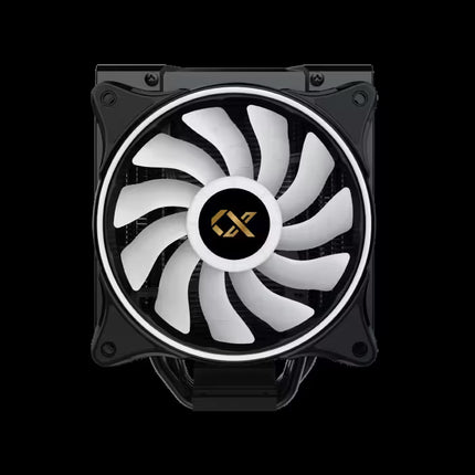 A black CPU cooler heatsink featuring a single square fan with white blades and a gold logo in the center, set against a solid black background.