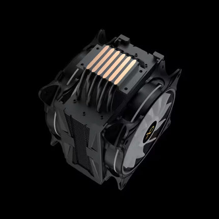 A black high-performance CPU air cooler with a multi-fin heat sink and two cooling fans, shown from an isometric angle on a solid black background.