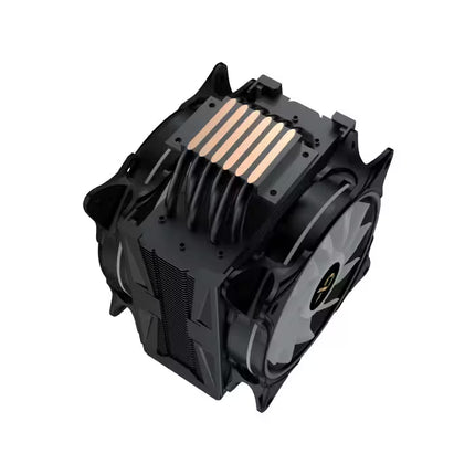A black CPU cooler with a dual fan design, copper heat pipes, and a black finned heatsink, shown on a plain white background.