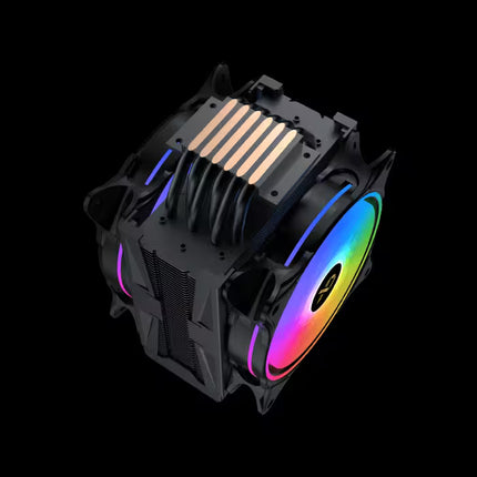 A black CPU cooler tower with a large RGB fan showing a rainbow color spectrum, photographed on a solid black background.