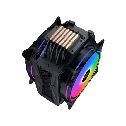 A black CPU cooler with a large RGB fan showing a rainbow color spectrum, isolated on a white background.