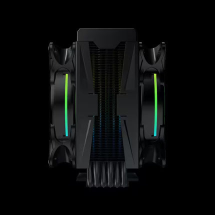 A black dual CPU cooler with two large fans, featuring glowing green and blue LED light strips on the inner wheel spokes, shown from a front-facing perspective against a solid black background.