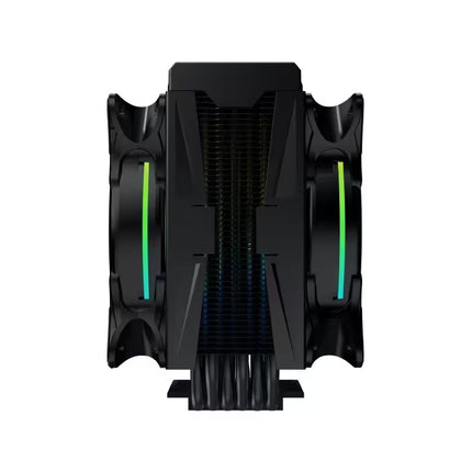 A black dual-fan CPU cooler with vibrant green LED light accents on both sides, shown from a front-facing perspective on a solid white background.