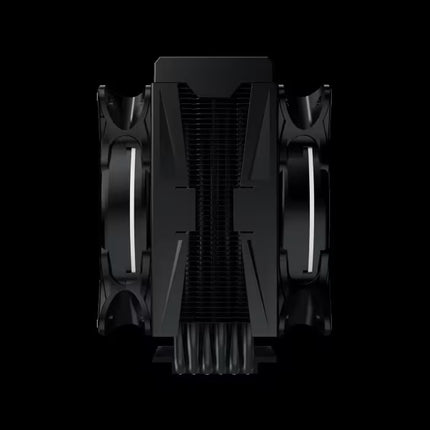 A black dual-fan CPU cooler with illuminated white LED accents on the fan blades, shown from a front-facing perspective against a solid black background.