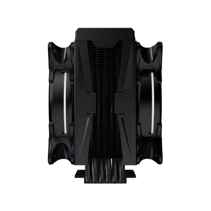 A black CPU cooler heatsink with two large cooling fans, shown from a front-facing perspective on a solid white background.