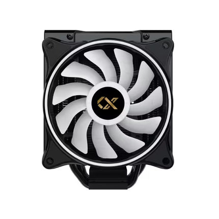 A black computer CPU cooler fan with white blades and a gold logo in the center, shown against a plain white background.