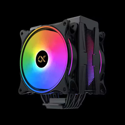 A black CPU cooler with a large RGB fan showing a rainbow gradient light, set against a solid black background.