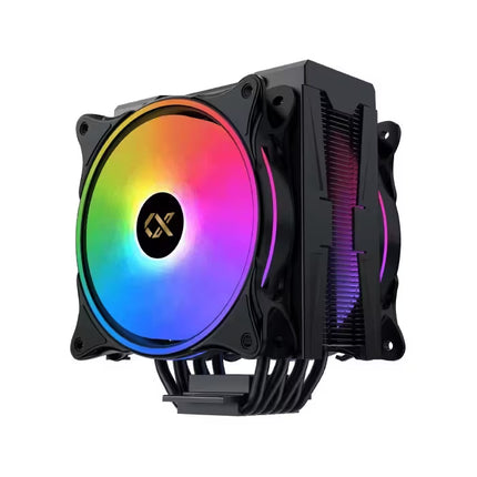 A black CPU cooler heatsink with a large RGB fan showing a full rainbow color spectrum, set against a plain white background.