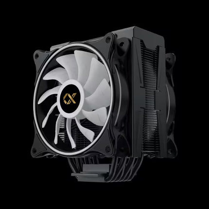 A black CPU cooler with a white fan and a gold logo in the center, shown from a three-quarters perspective against a solid black background.