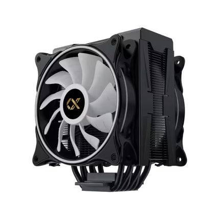 A black CPU cooler with a white fan and a gold logo in the center, shown on a solid white background.