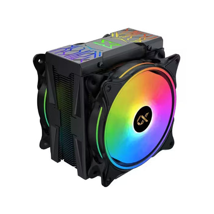 A black CPU cooler with a large RGB fan showing a rainbow color spectrum, set against a plain white background.
