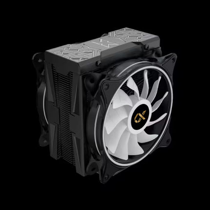 A black and silver CPU cooler with a single white fan featuring a gold logo in the center, shown against a solid black background.