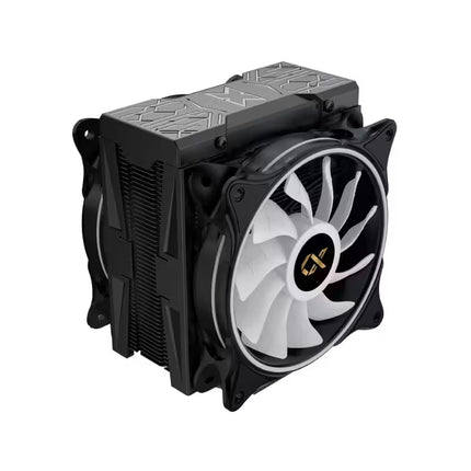 A black CPU cooler with a single white fan featuring a gold logo in the center, shown on a solid white background.