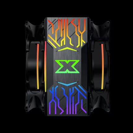 A black dual-fan CPU cooler with a brushed metal center plate featuring vibrant RGB lighting in a rainbow gradient, including orange, yellow, green, blue, and purple patterns, shown against a solid black background.