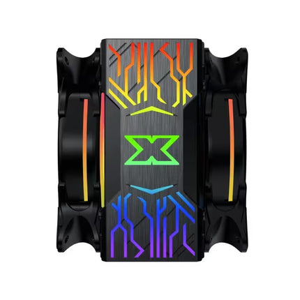 A black CPU cooler with integrated fans and vibrant RGB lighting on a clean white background. The center features a brushed metal plate with a green stylized 'X' logo, flanked by red, orange, yellow, and blue light patterns.