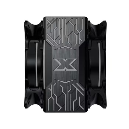 A black and dark gray metallic CPU cooler heatsink with intricate geometric circuit-like patterns and a stylized 'X' logo in the center, shown from a top-down view on a white background.