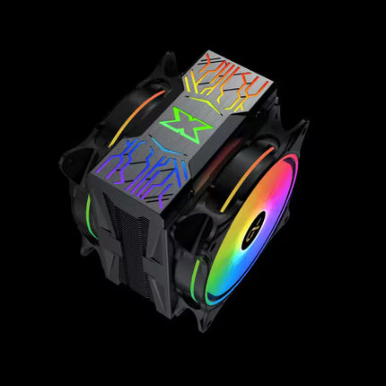 A high-performance CPU cooler with a dark gray and black metal heatsink, featuring RGB rainbow lighting accents and a large multi-color fan on a solid black background.
