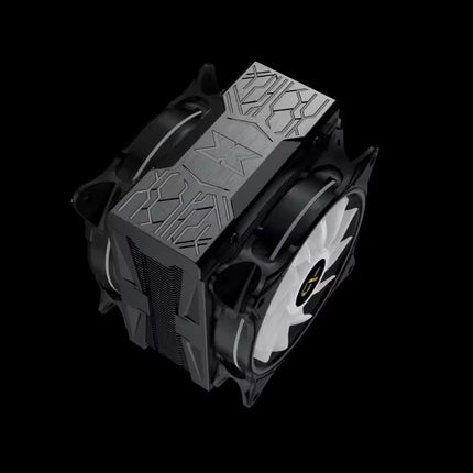 A high-performance CPU cooler featuring a textured dark gray top plate, black fins, and two cooling fans with white and black blades, shown on a solid black background.