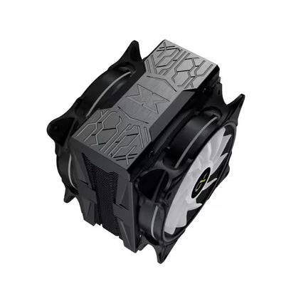 A black and gray dual CPU cooler with two fans, featuring a textured top plate and a white fan blade with a black and gold logo, shown on a solid white background.