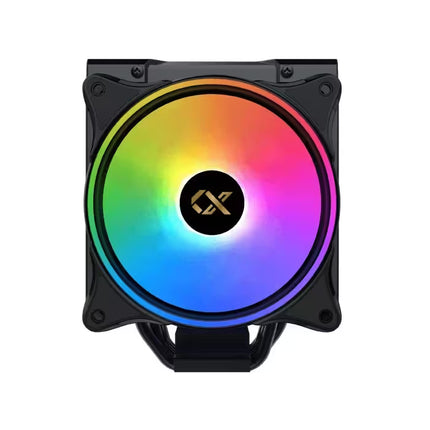 A black computer CPU cooler fan with vibrant RGB rainbow lighting on a solid white background.