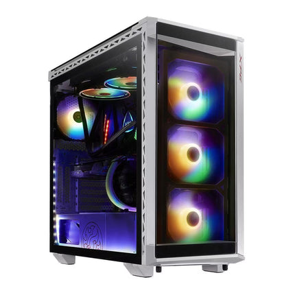 A white and silver computer case with a transparent side panel, shown empty with internal mounting brackets and pre-installed fans visible through the glass doors.