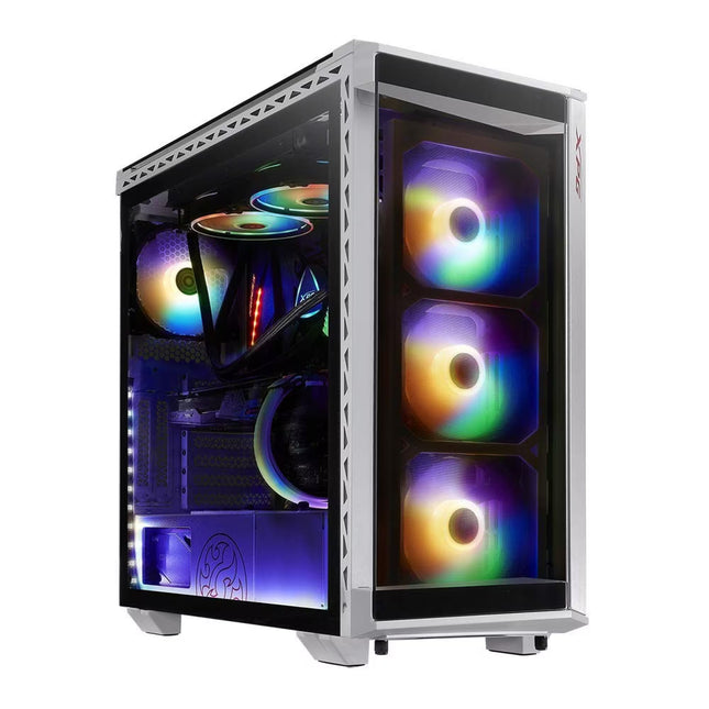 A white and silver computer case with a transparent side panel, shown empty with internal mounting brackets and pre-installed fans visible through the glass doors.