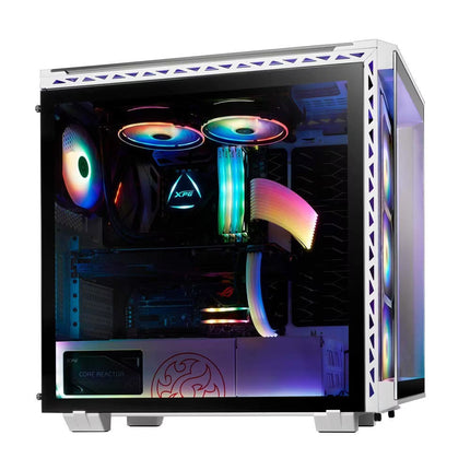 A silver and black computer case with three front cooling fans visible through a glass side panel, featuring a red 'XPG' logo on the right side.