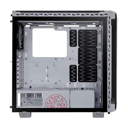 White computer case interior view showing the empty chassis with mounting points, cooling panels, and front I/O area on a clean white background.