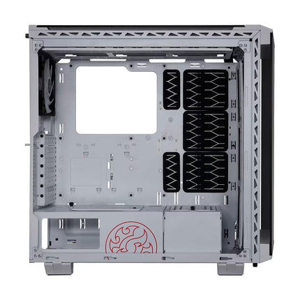 A silver and black computer case interior with a red logo printed on the lower front panel, shown against a plain white background.