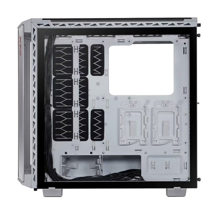 Computer case with transparent side panel on a white background