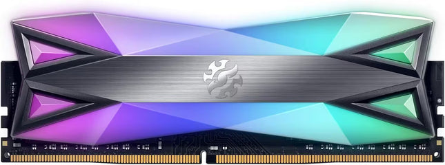 A high-performance DDR4 RAM module featuring a large, multi-colored geometric heat spreader with purple, blue, and green gradients, a brushed silver center stripe with a stylized dragon logo, and gold-plated contacts on the bottom.